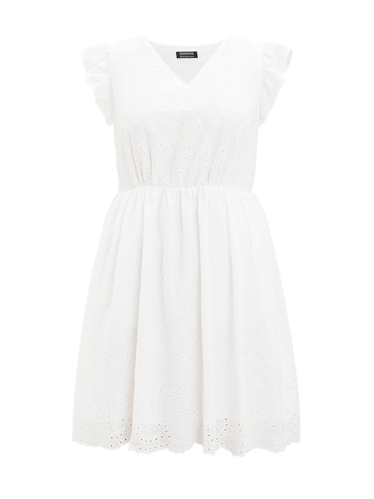 Plain Broderie Anglaise Cap Sleeve Ruffle Hem Dress