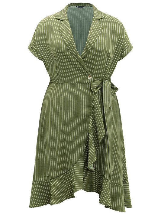 Suit Collar Ruffles Pocket Button Up Ties Batwing Sleeve Dress