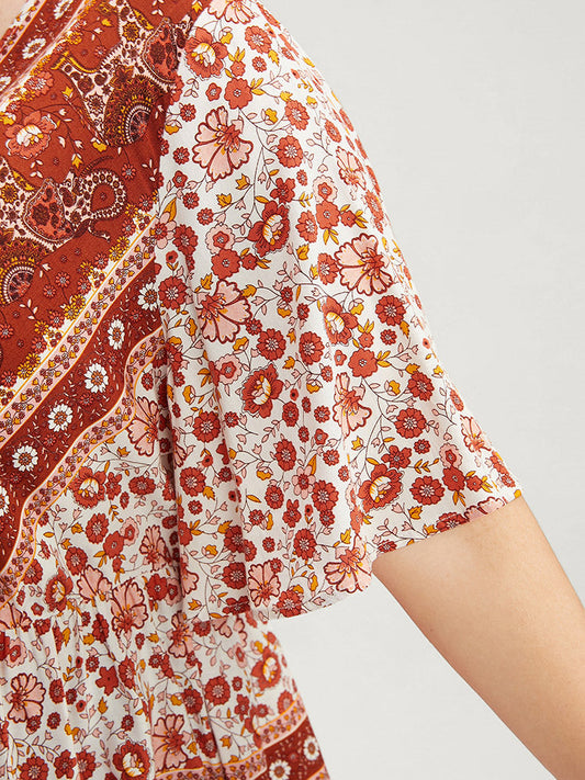 Paisley Print Surplice Neck Ruffles Blouse