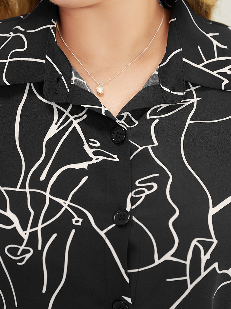 Figure Print Cuffed Sleeve Button Up Blouse