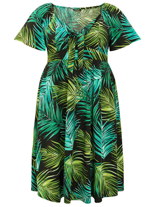 Tropical Flutter Hem Pocket Empire Waist Knot Neck Dress