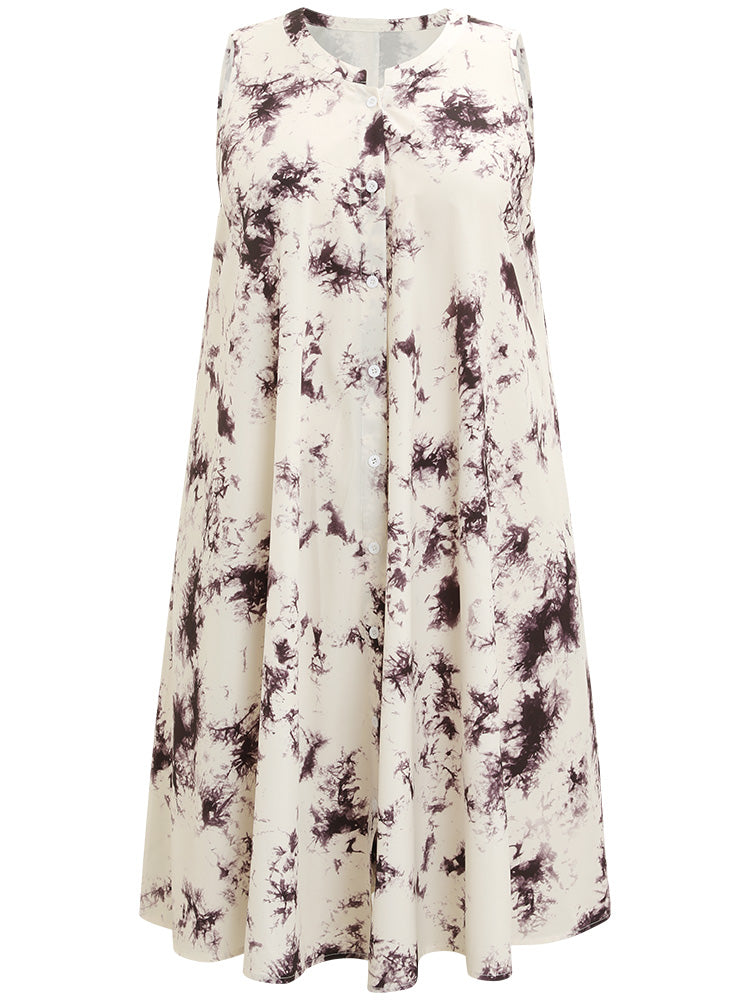 Tie Dye Button Through Notched Sleeveless Dress