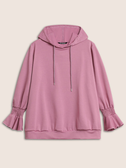 Solid Shirred Flounces Hooded Sweatshirt