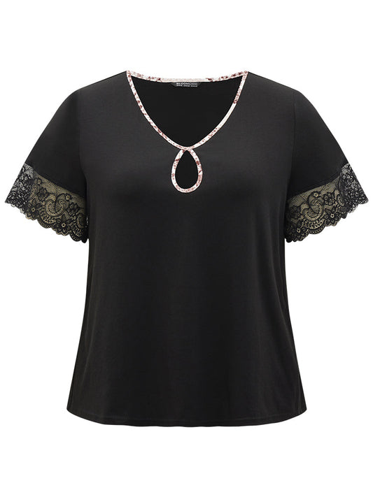 Plain Patchwork Snakeskin Guipure Lace Keyhole Sleep Top