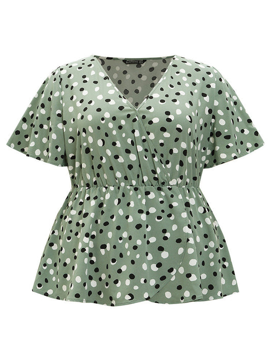 Allover Print Wrap Ruffle Sleeve Blouse