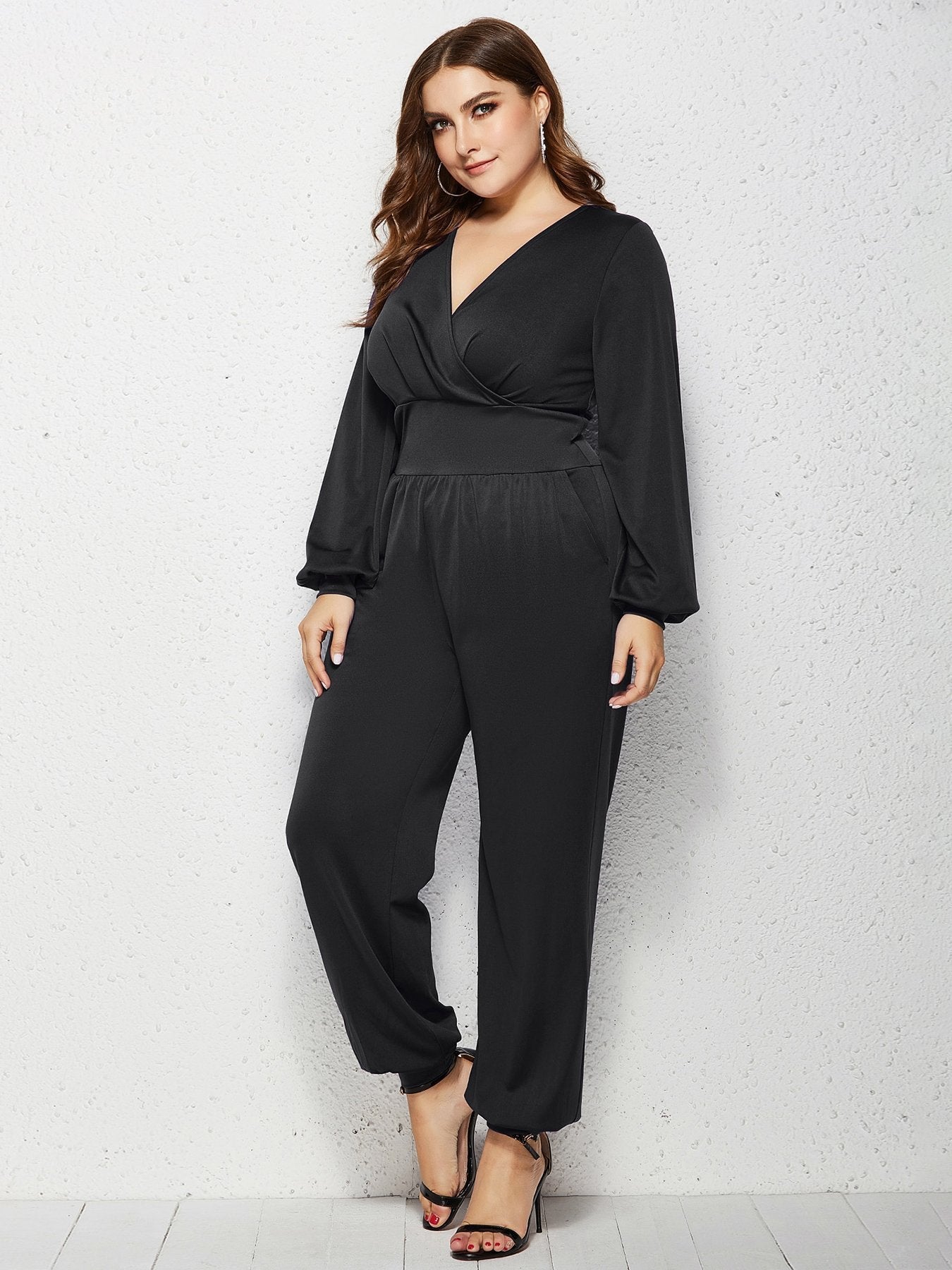 V-neck Wrap Solid Color Jumpsuits