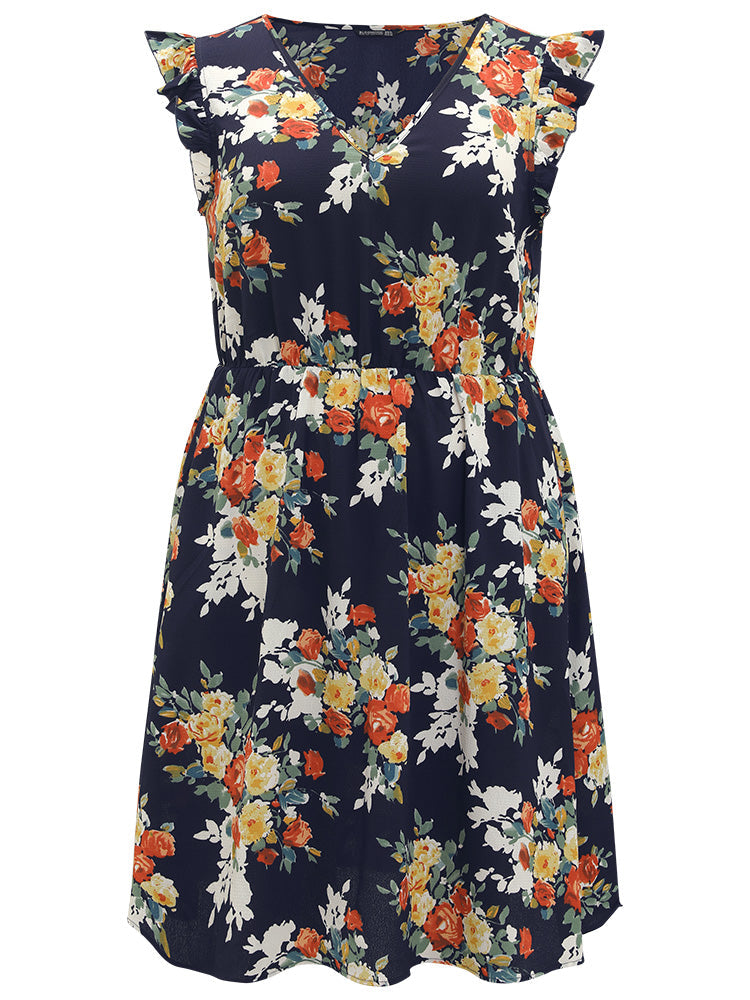 Pixel Flower Print Ruffle Cap Sleeve Pocket Dress