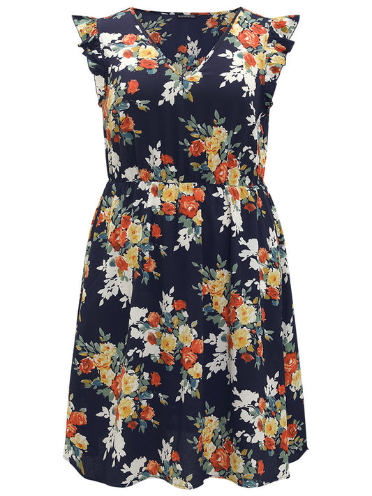 Pixel Flower Print Ruffle Cap Sleeve Pocket Dress