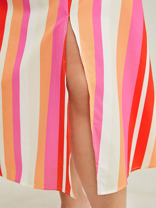 Striped Contrast Split Hem Ruffle Pocket Spaghetti Strap Dress