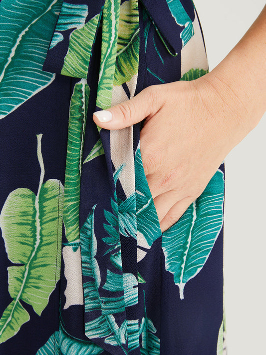 Tropical Print Knot Side Ruffles Surplice Neck Split Hem Dress