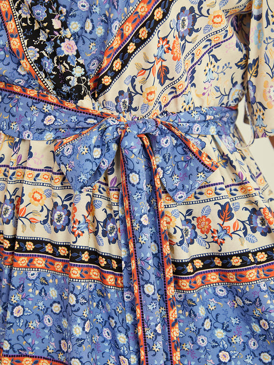 Bandana Print Surplice Neck Belt Flutter Sleeve Blouse