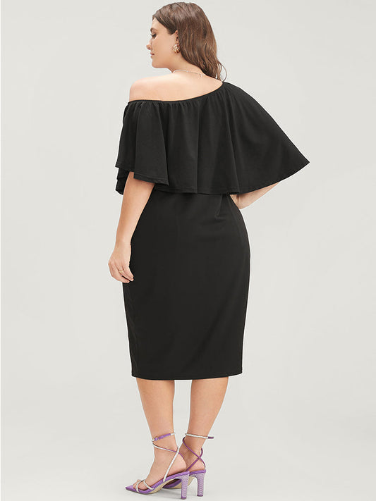 Solid Ruffle Trim One Shoulder Midi Dress