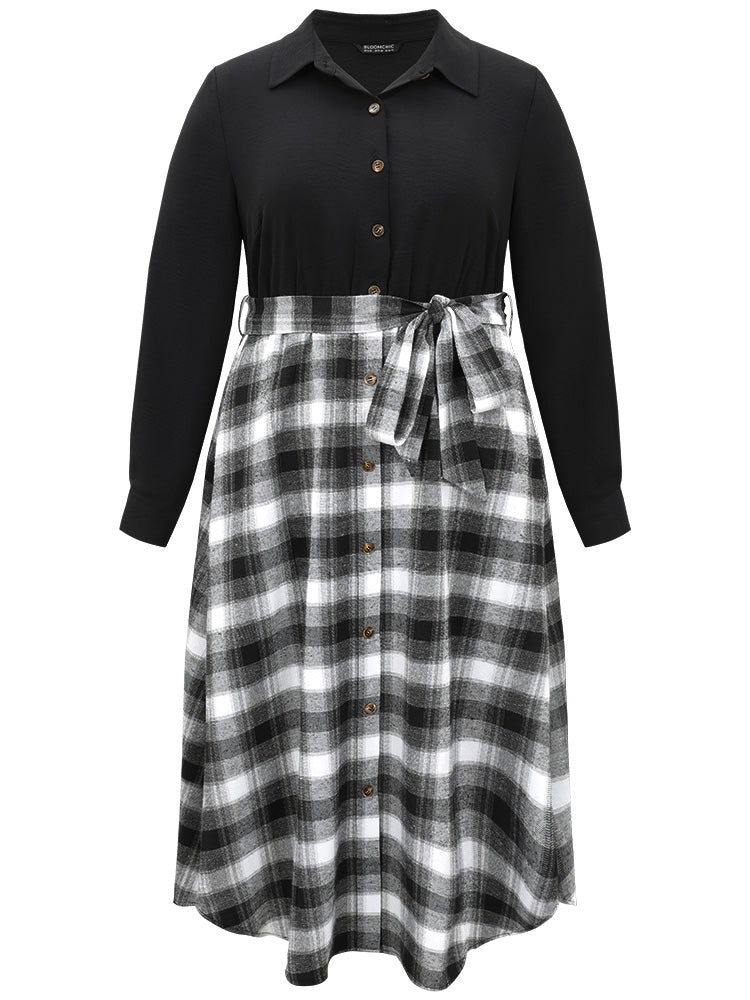 Plaid Patchwork Button Through Belted Dress
