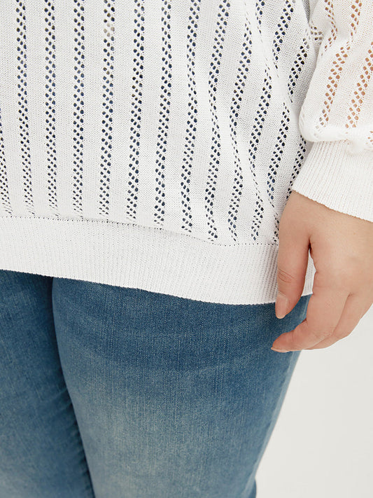 Plain Striped Ice Rayon Yarn Round Neck Eyelet Knit Top