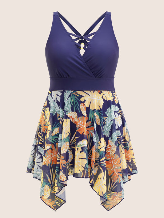 Tropical Print Patchwork Crisscross Hanky Hem Swim Dress