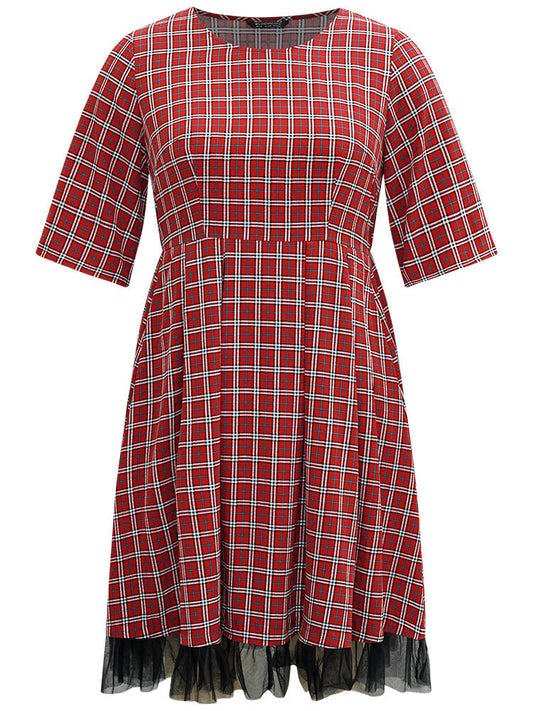 Christmas Plaid Mesh Patchwork Pleated Dress