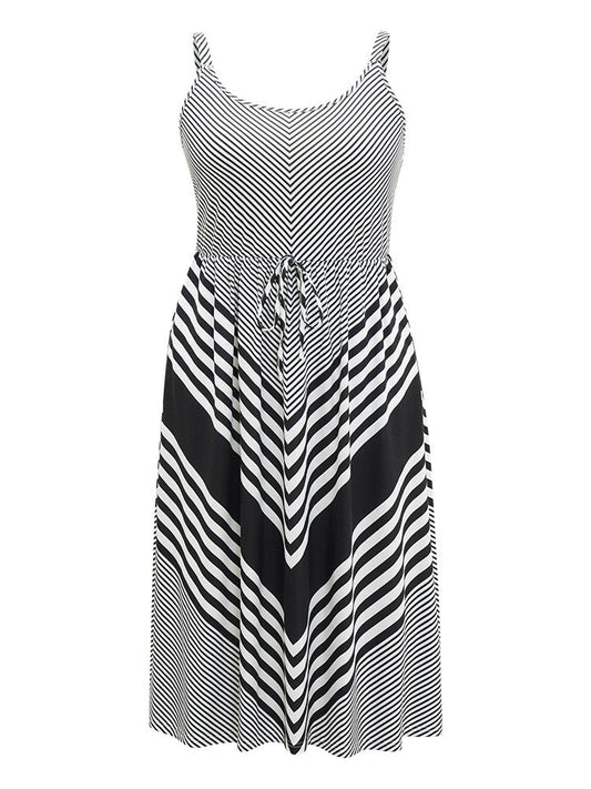 Striped Patchwork Pocket Ties Flutter Hem Cami Dress