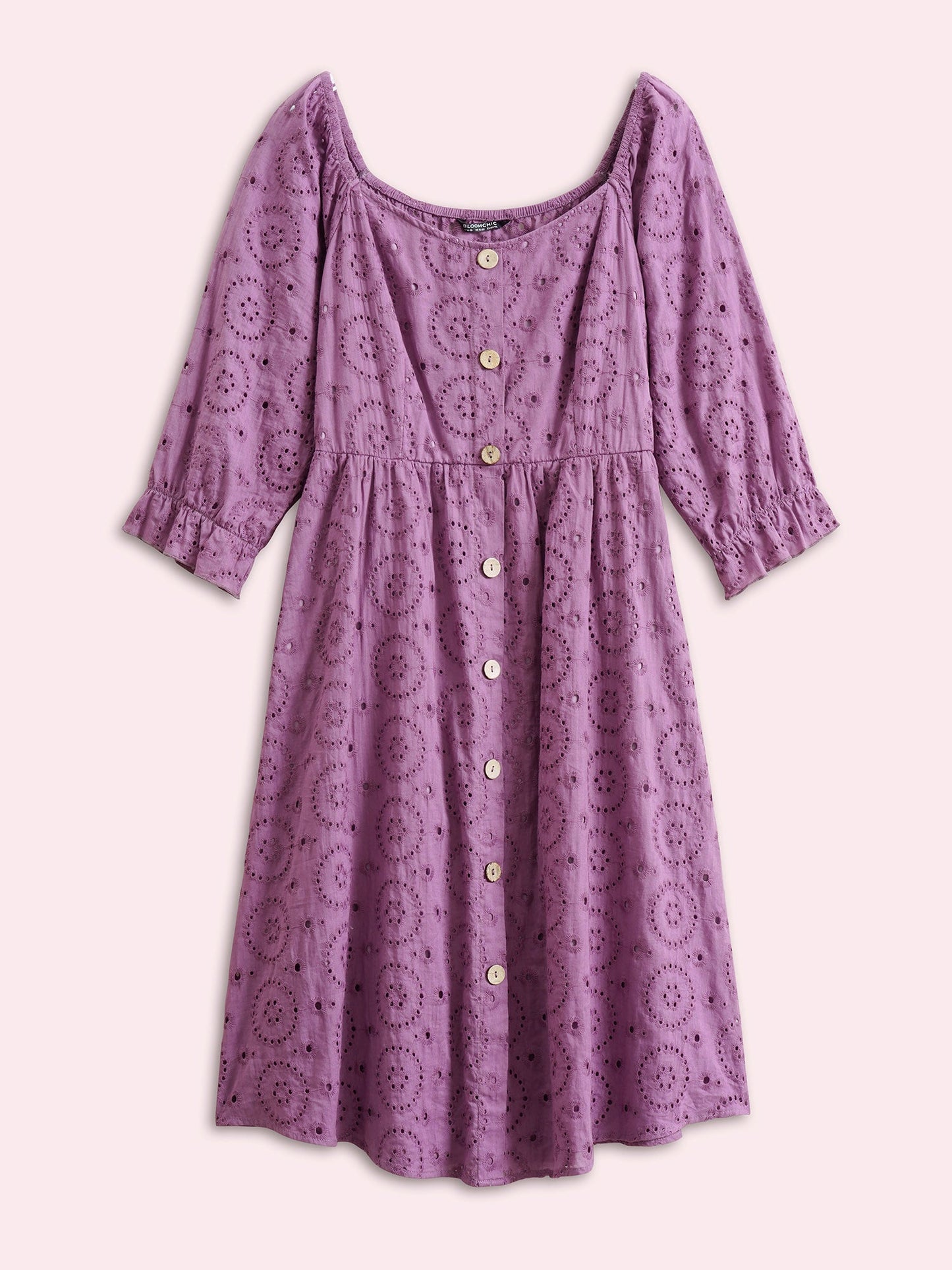 Broderie Anglaise Gathered Square Neck Button Detail Dress