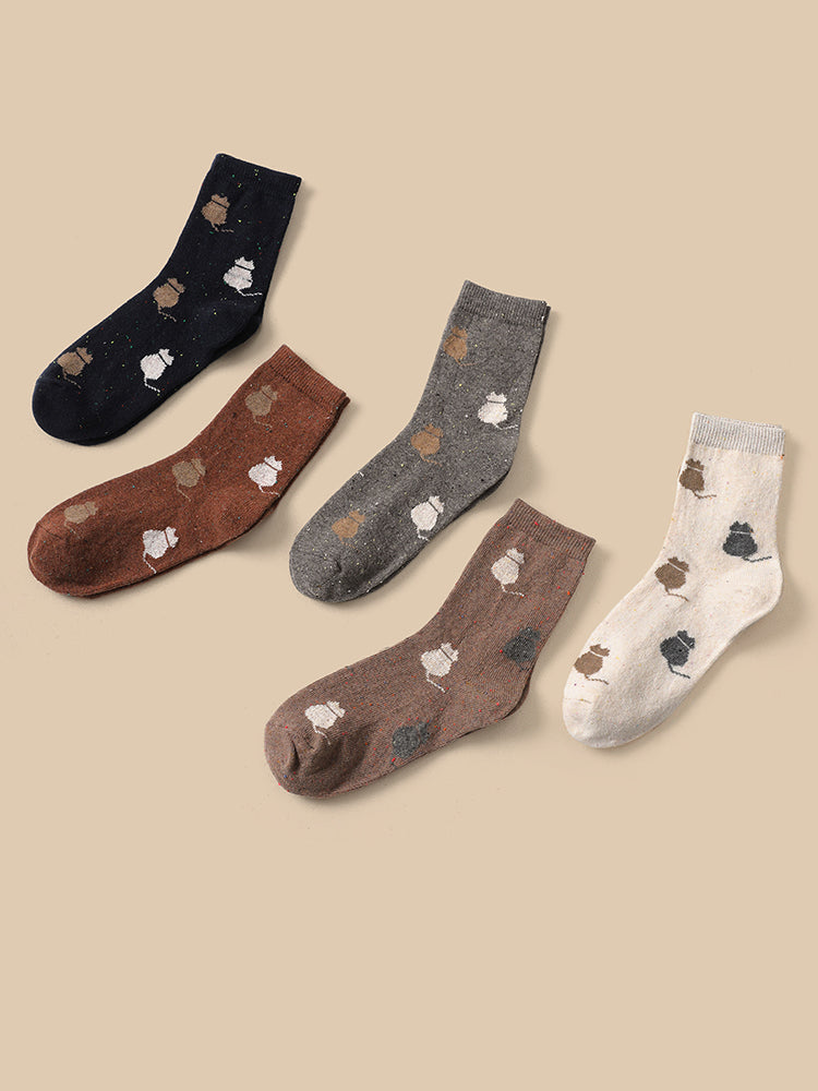 5 Pairs Contrast Cat Print Casual Socks
