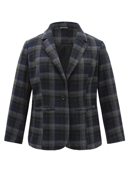 Plaid Button Up Suit Collar Blazer