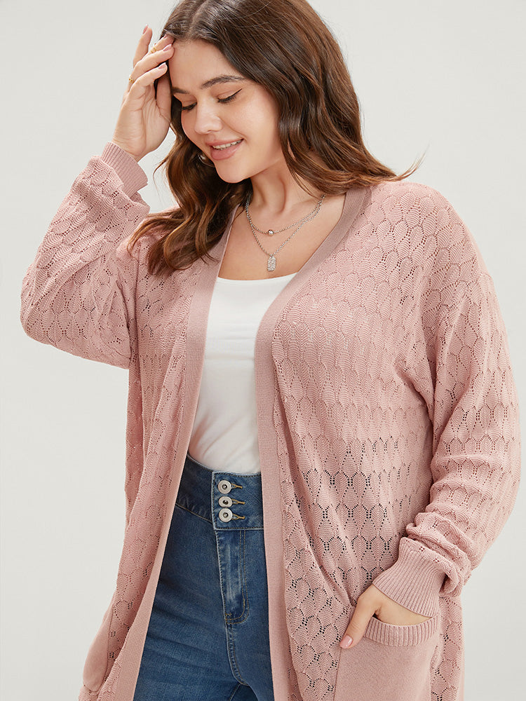 Plain Ice Rayon Yarn Pocket Eyelet Open Front Cardigan