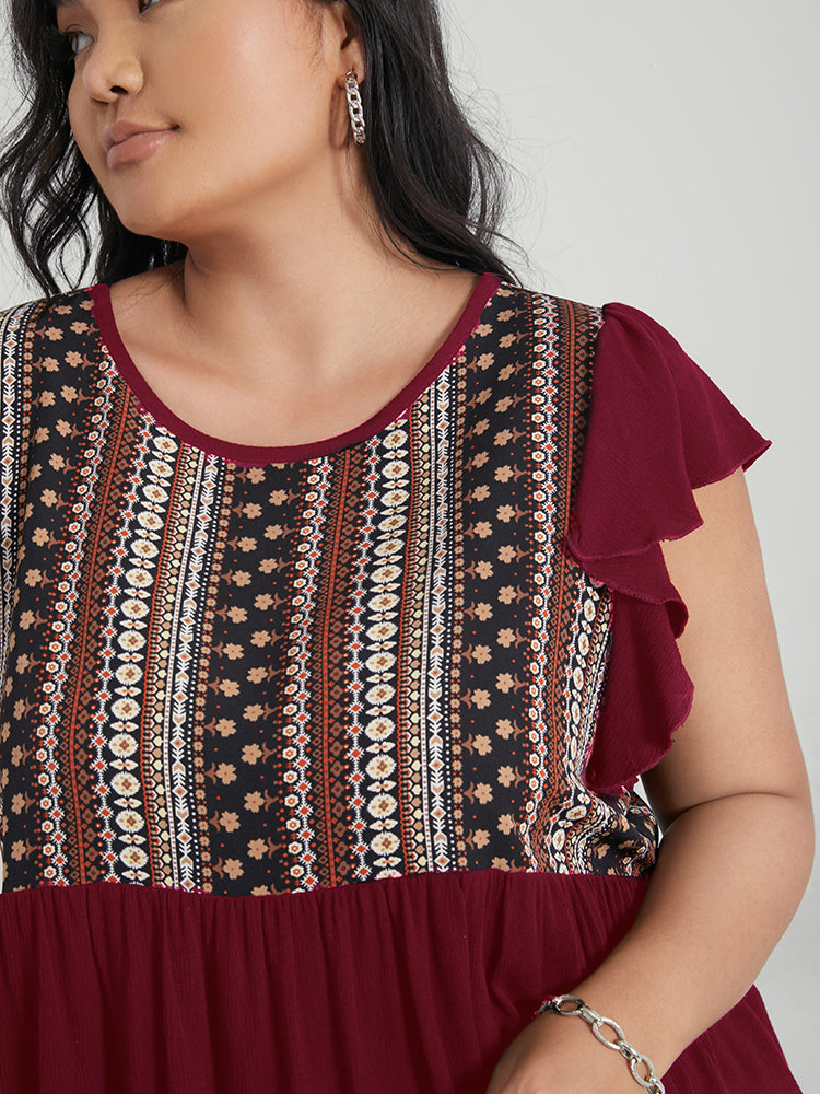 Geometric Floral Flutter Sleeve Blouse