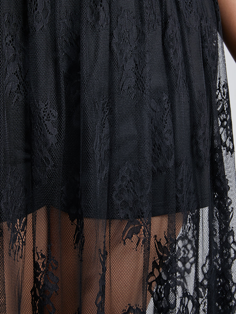 Floral Lace Mesh Sheer Elasitc Waist Skirt