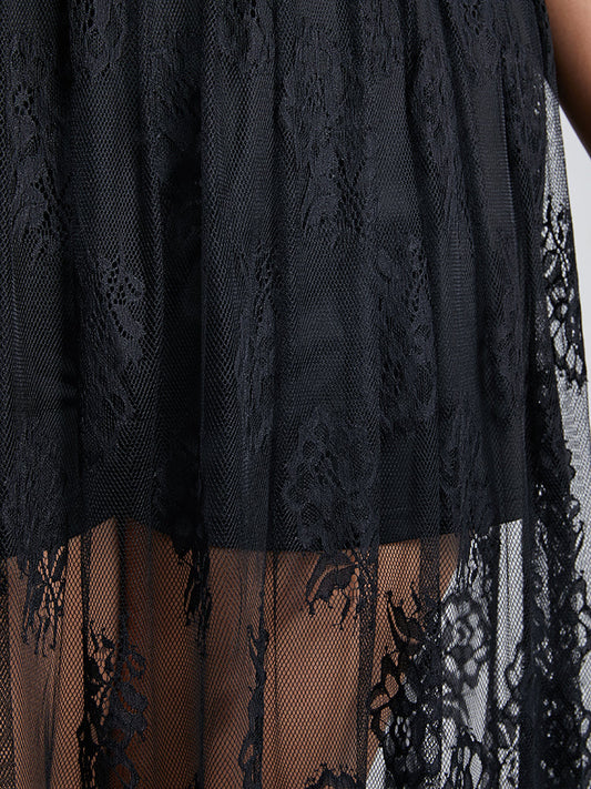 Floral Lace Mesh Sheer Elasitc Waist Skirt