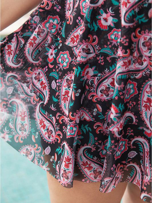 Bandana Print Tiered Hem Ruched Knotted Cut Out Swim Dress