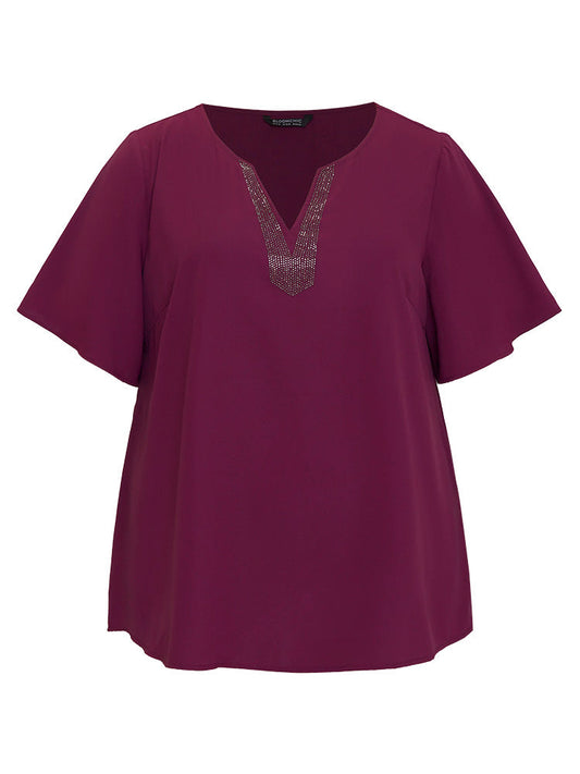 Plain Rhinestones Detail Notched Ruffle Sleeve Blouse