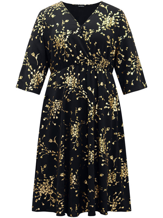 Floral Glitter Pocket Gathered Detail Dress