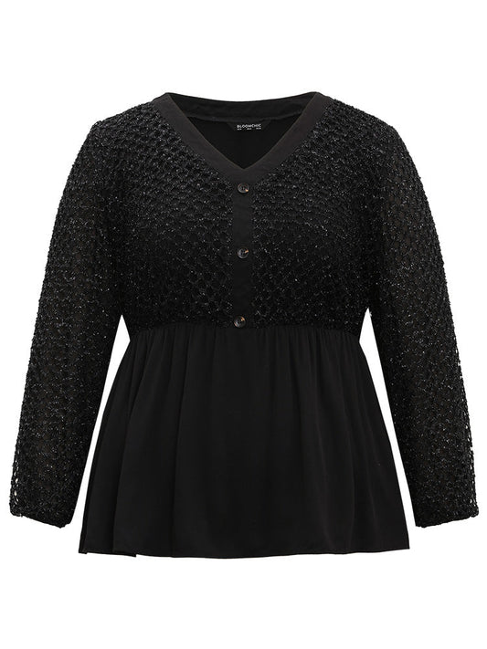 Glitter Mesh Patchwork Lantern Sleeve Blouse