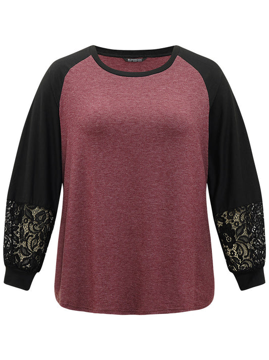 Round Neck Lace Patchwork Raglan Sleeve T-shirt