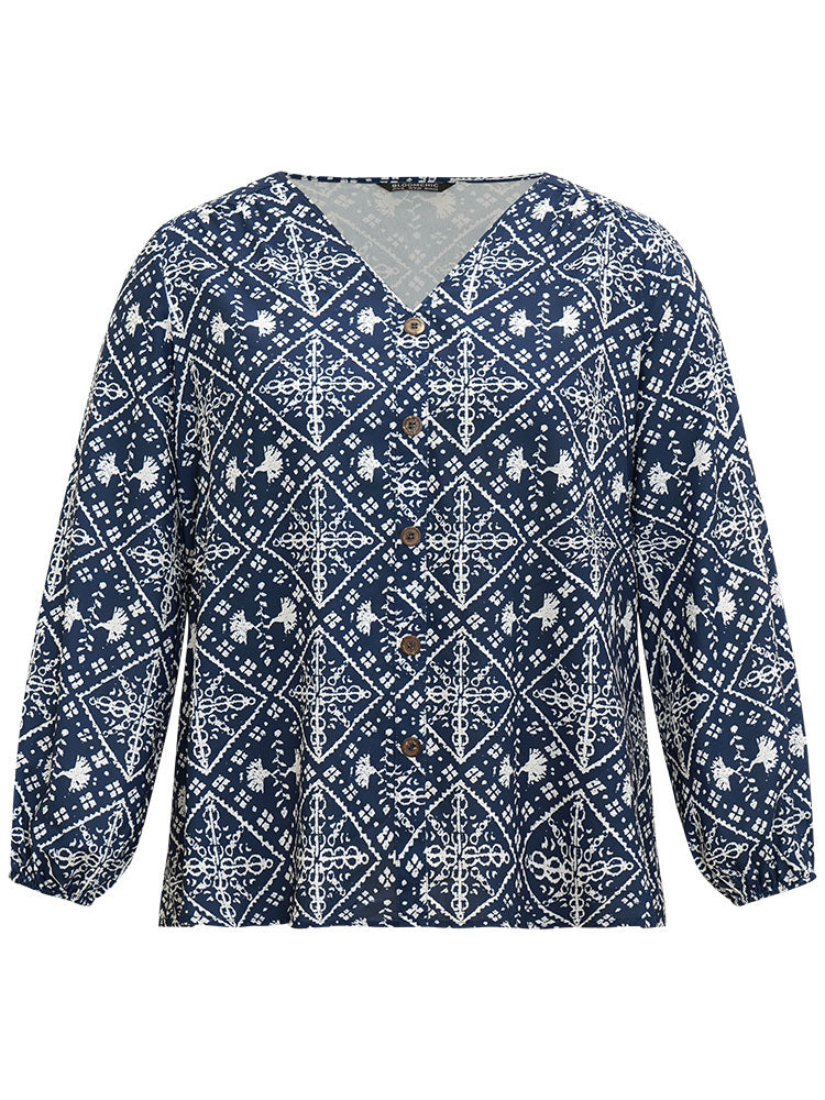 Moroccan Print Button Through Lantern Sleeve Blouse