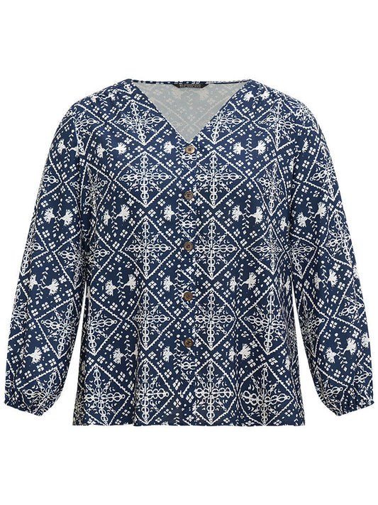 Moroccan Print Button Through Lantern Sleeve Blouse