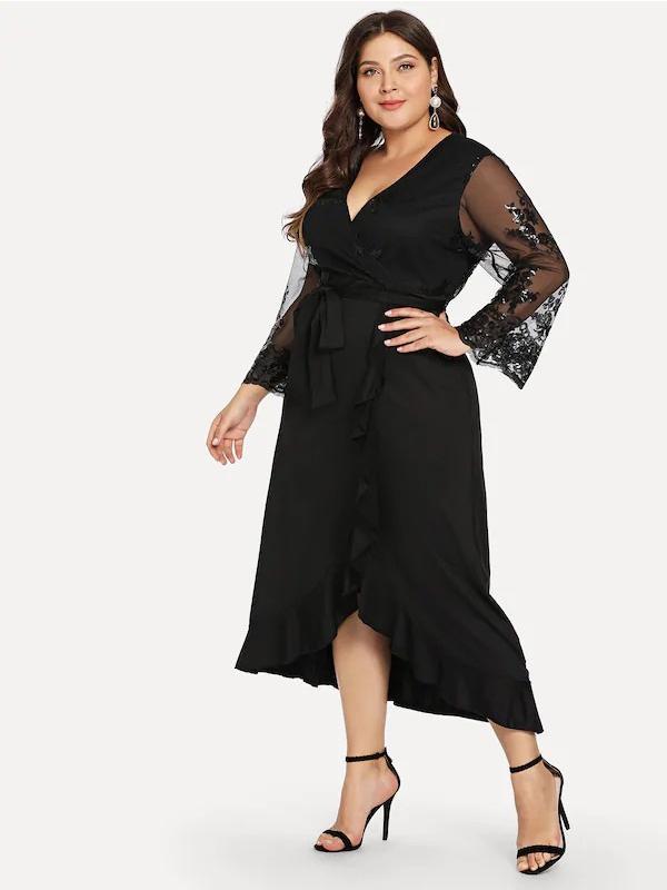 Ruffle Hem Sheer Sleeve Elegant Maxi Dress