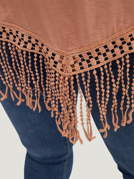 Plain Round Neck Asymmetrical Lace Fringe Hem Blouse