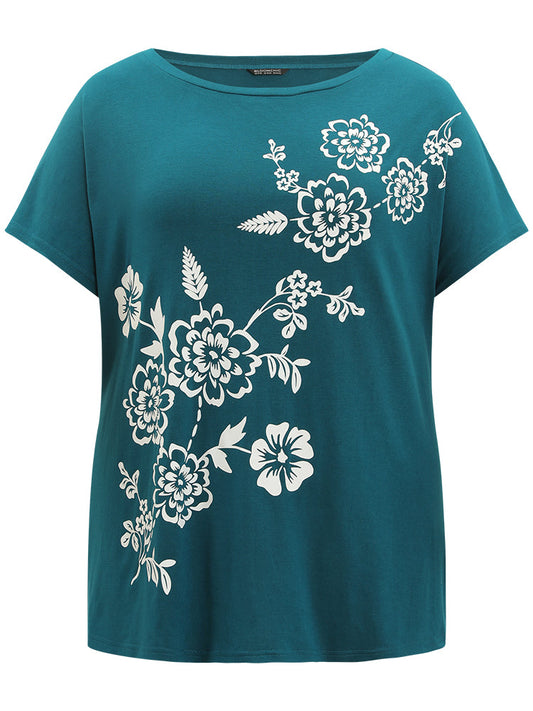 Floral Print Dolman Sleeve Round Neck T-shirt