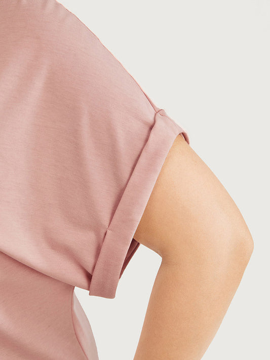 Solid Lace Panel Keyhole Neck Roll Dolman Sleeve T-shirt