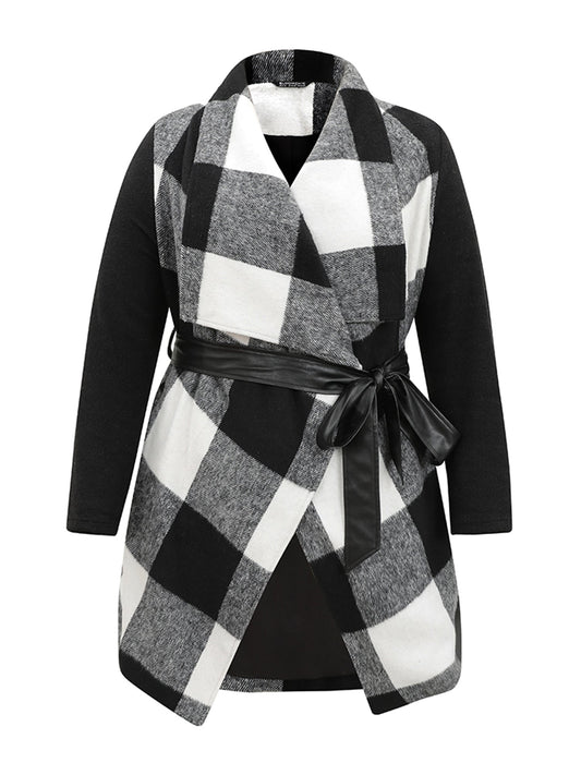 Plaid Lapel Collar PU Leather Belted Coat