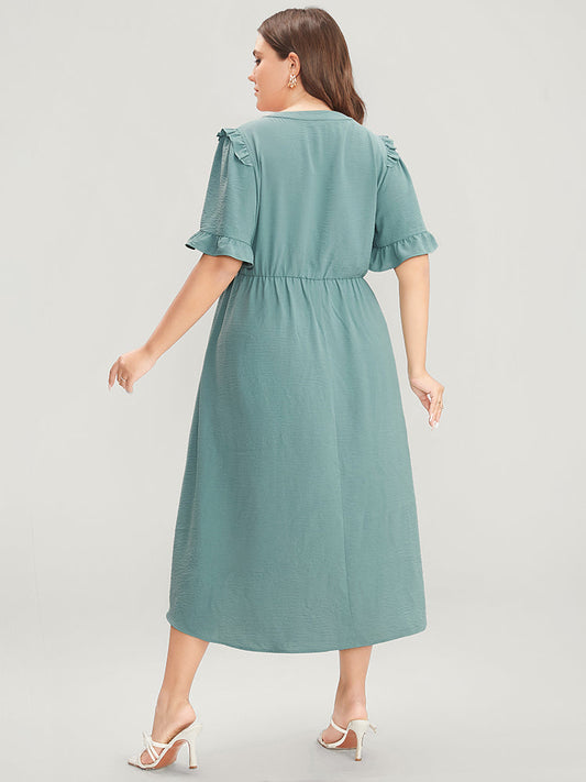 Solid Ruffle Trim Knotted Front Pocket Split Hem Dress
