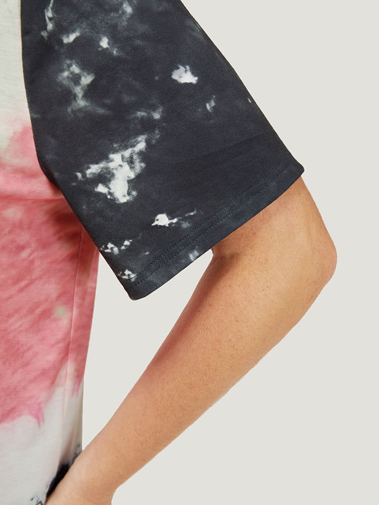 Tie Dye Curved Hem Crisscross V Neck T-shirt