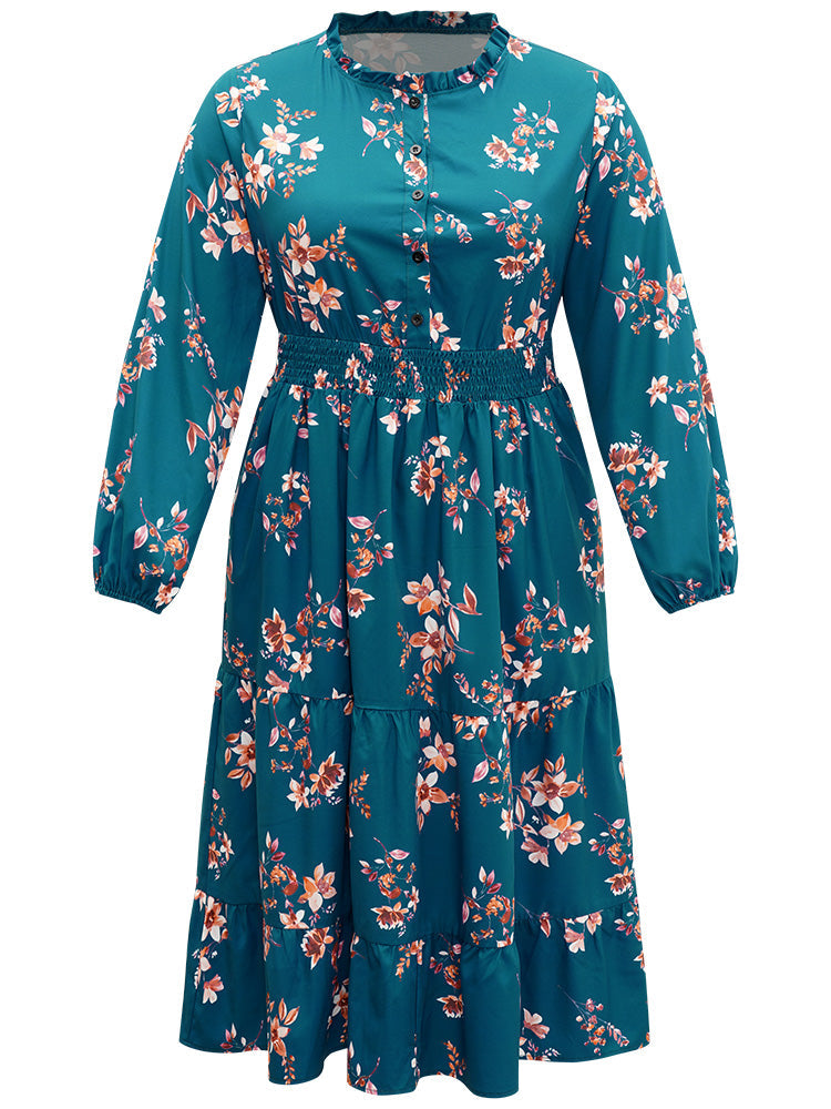 Floral Shirred Button Up Frill Trim Dress