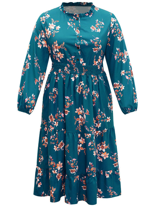 Floral Shirred Button Up Frill Trim Dress