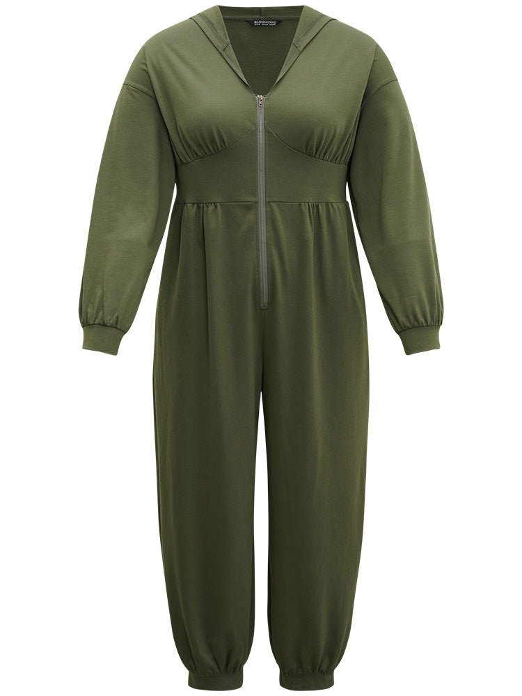 Solid Half Zip Hooded Gathered Jumpsuit