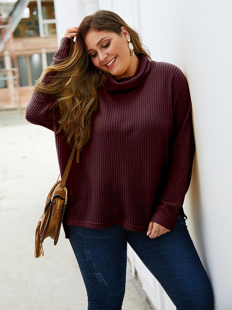 Turtleneck Waffle Solid Color Knit Top