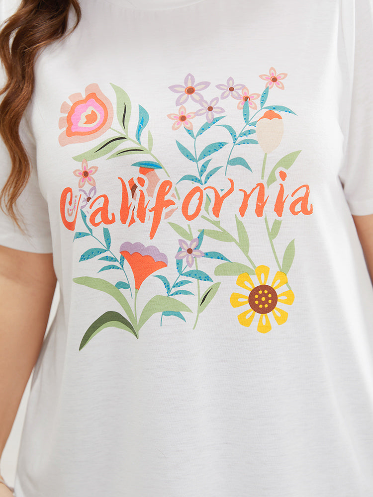 Floral & Letter Print Slightly Stretchy T-shirt