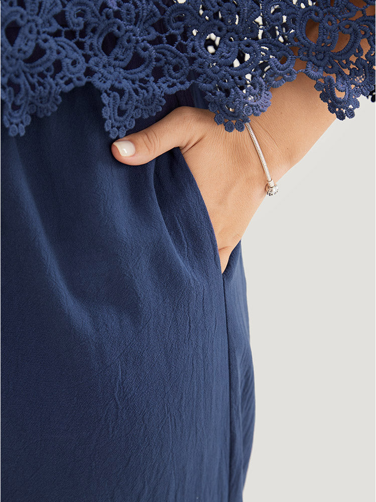 Plain Lace Trim Pocket Cold Shoulder Jumpsuit