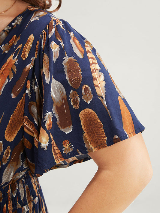 Animal Print Shirred Pocket Wrap Split Flutter Hem Dress