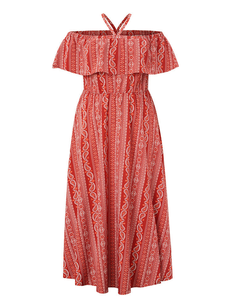 Striped & Paisley Print Ruffle Trim Pocket Split Hem Halter Maxi Dress